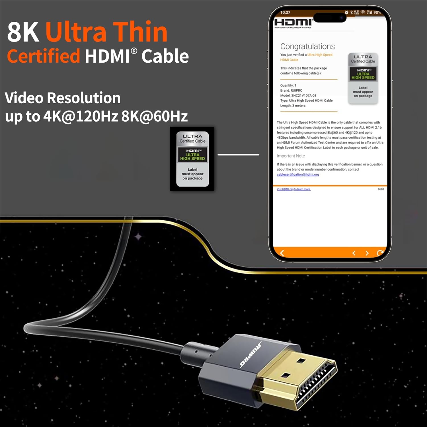 RUIPRO Ultra Thin 8K HDMI 2.1 Certified Cable 0.5M, Ultra High Speed 48Gbps, Short HDMI Cable, Support 8K@60Hz 4K@120Hz, Dynamic HDR, eARC, Compatible with PS5/Xbox/HDTV/Blu - ray/Monitor/Projector - Amazing Gadgets Outlet