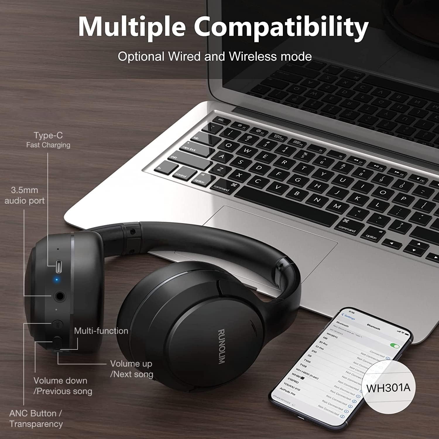 RUNOLIM Hybrid Active Noise Cancelling Headphones, Wireless Over Ear Bluetooth Headphones with Microphone, 70H Playtime, Foldable Wireless Headphones with HiFi Audio, Deep Bass for Home Travel Office - Amazing Gadgets Outlet