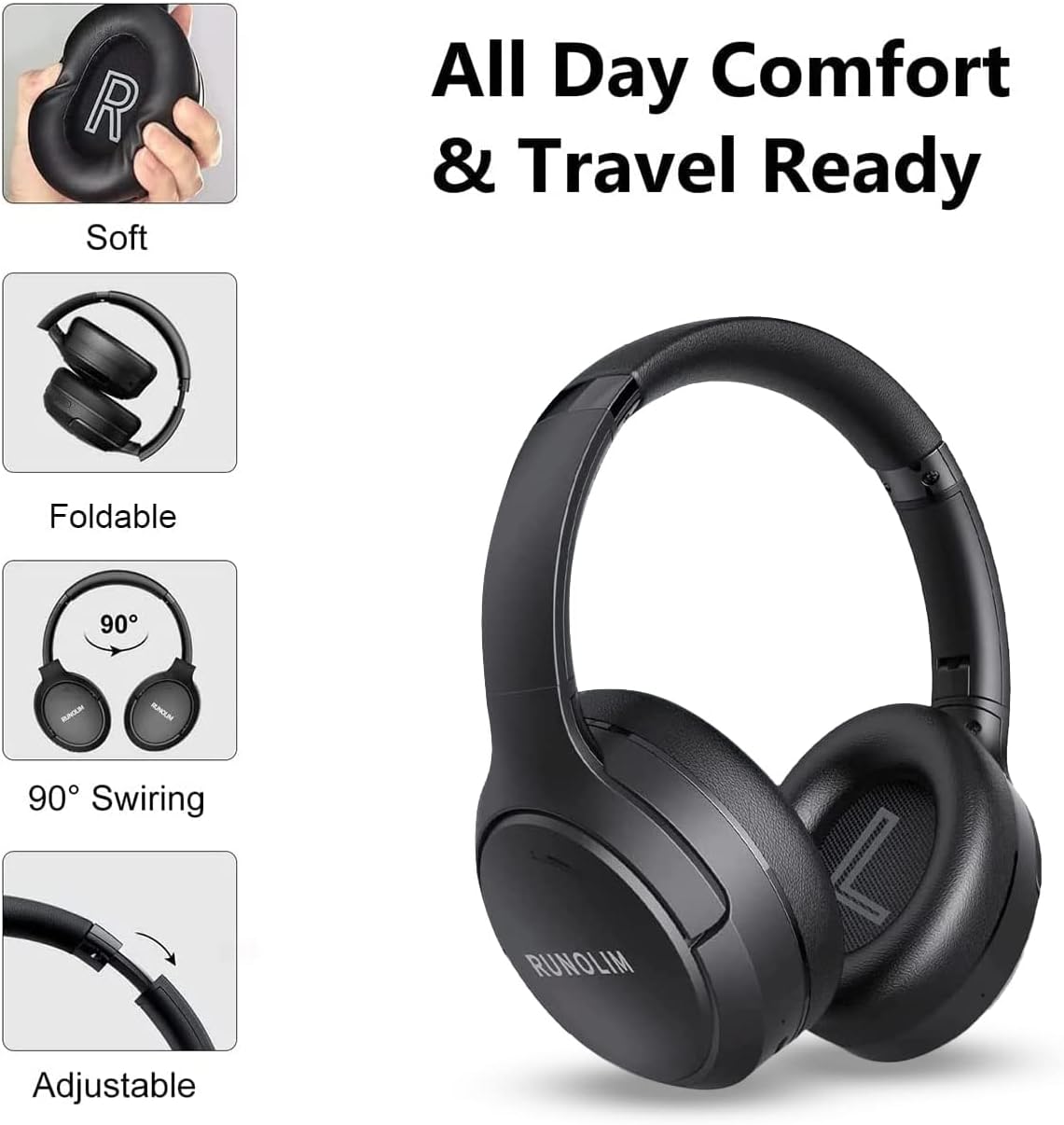 RUNOLIM Hybrid Active Noise Cancelling Headphones, Wireless Over Ear Bluetooth Headphones with Microphone, 70H Playtime, Foldable Wireless Headphones with HiFi Audio, Deep Bass for Home Travel Office - Amazing Gadgets Outlet