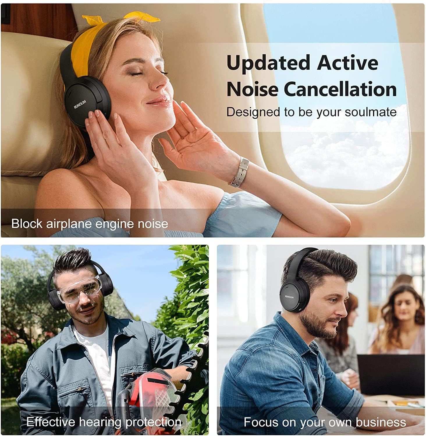 RUNOLIM Hybrid Active Noise Cancelling Headphones, Wireless Over Ear Bluetooth Headphones with Microphone, 70H Playtime, Foldable Wireless Headphones with HiFi Audio, Deep Bass for Home Travel Office - Amazing Gadgets Outlet