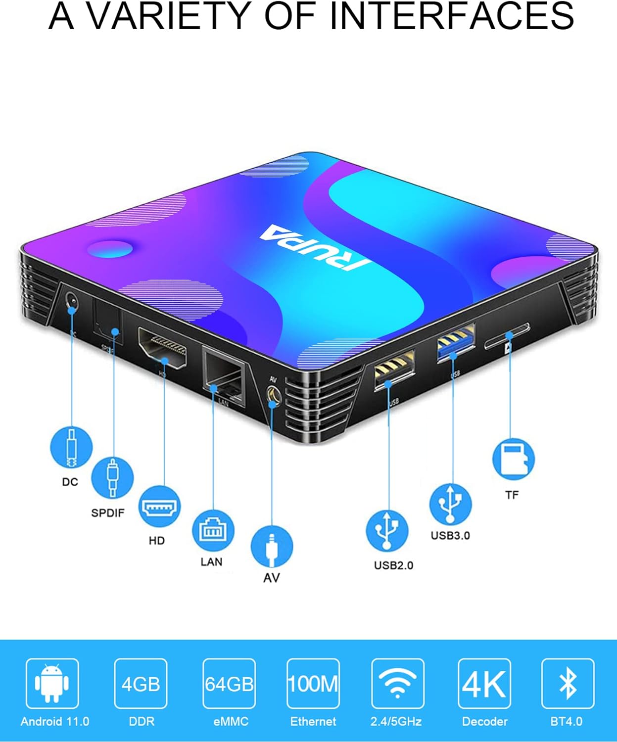 RUPA Android TV Box11.0, Smart TV Box 4GB RAM 64GB ROM RK3318 Quad - Core Cortex - A53 CPU Support 2.4G/5.8G WiFi BT 4.0 USB 3.0 10/100M LAN 3D 4K HD Media Box with Keyboard - Amazing Gadgets Outlet