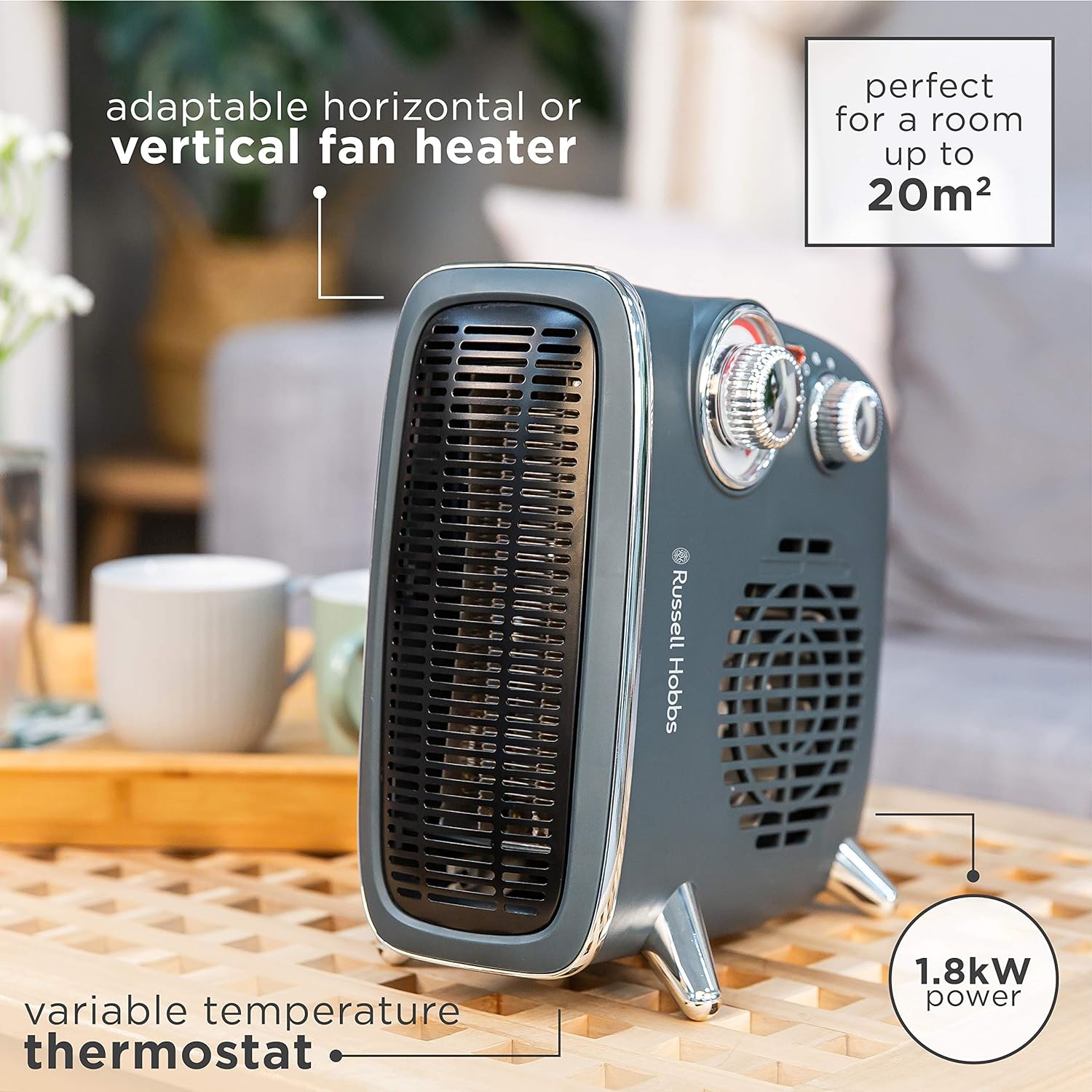 Russell Hobbs 1800W/1.8KW Electric Heater, Retro Horizontal/Vertical Fan Heater in Grey with Adjustable Thermostat, 2 Heat Settings, 20m² Room Size, Dial Control, RHRETHFH1001G with 2 Year Guarantee - Amazing Gadgets Outlet