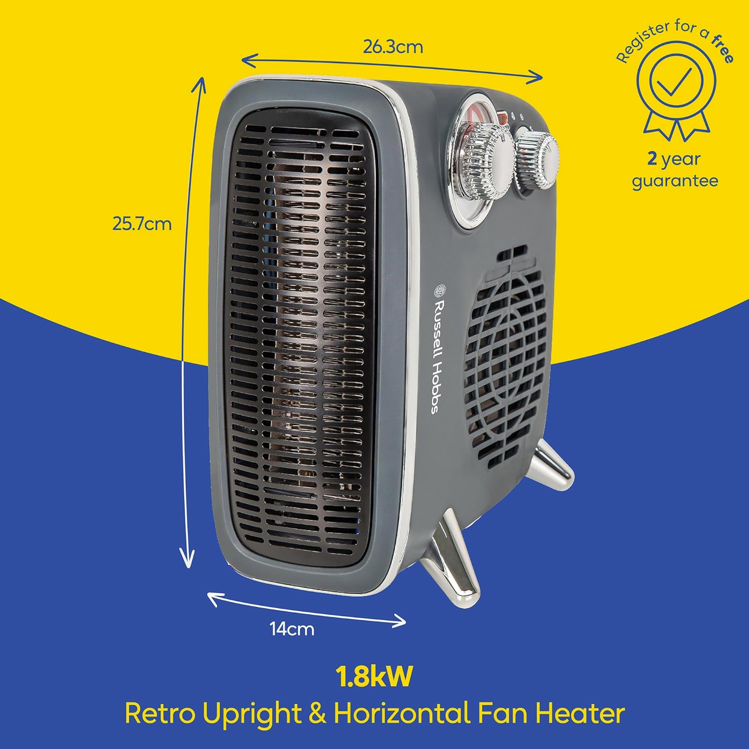 Russell Hobbs 1800W/1.8KW Electric Heater, Retro Horizontal/Vertical Fan Heater in Grey with Adjustable Thermostat, 2 Heat Settings, 20m² Room Size, Dial Control, RHRETHFH1001G with 2 Year Guarantee - Amazing Gadgets Outlet