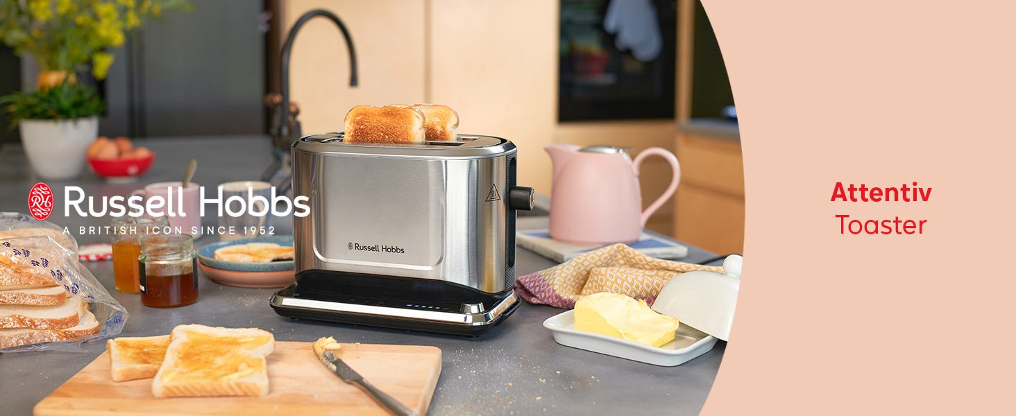 Russell Hobbs 2 Slice Attentiv Toaster with Colour Sense Technology; Adapts toasting time to bread type (Favourite settings memorised, Touch screen control, Lift & look, 1640W, Stainless Steel) 26210 - Amazing Gadgets Outlet