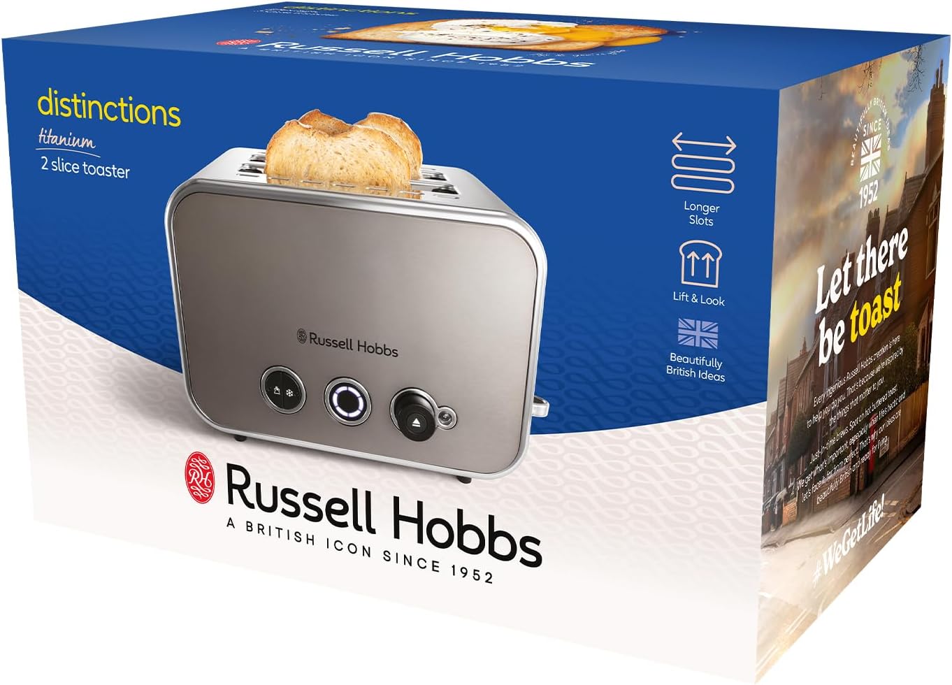 Russell Hobbs 2 Slice Distinctions Toaster (Countdown to ready, Extra wide & long slots, 6 Browning levels & Defrost/Reheat/Cancel, Lift & Look feature, 1600W, Stainless Steel & Titanium) 26432 - Amazing Gadgets Outlet