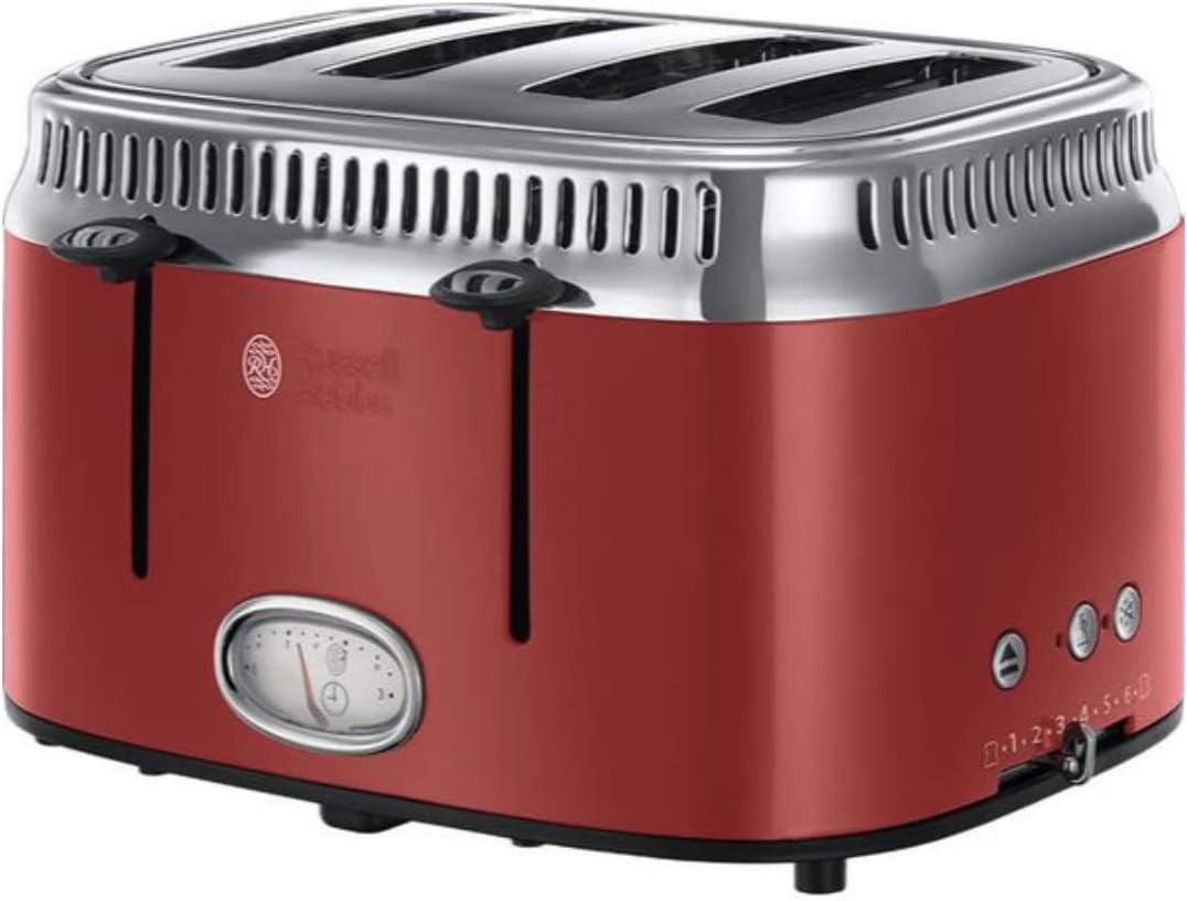 Russell Hobbs 23383034001 Stainless Steel Retro 4SL 21690 4 Slice Toaster, 235mm x 365mm x 310mm, Red - Amazing Gadgets Outlet