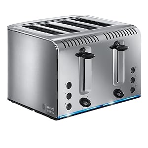 Russell Hobbs 4 Slice Buckingham Toaster with Fast toast technology - (Blue light strip indicates toasting, Independent & Extra wide slots, 2400W, Polished & Brushed Stainless Steel) 20750 - Amazing Gadgets Outlet