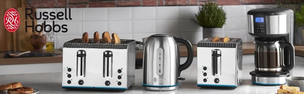 Russell Hobbs 4 Slice Buckingham Toaster with Fast toast technology - (Blue light strip indicates toasting, Independent & Extra wide slots, 2400W, Polished & Brushed Stainless Steel) 20750 - Amazing Gadgets Outlet