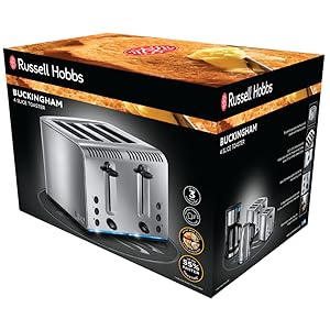 Russell Hobbs 4 Slice Buckingham Toaster with Fast toast technology - (Blue light strip indicates toasting, Independent & Extra wide slots, 2400W, Polished & Brushed Stainless Steel) 20750 - Amazing Gadgets Outlet