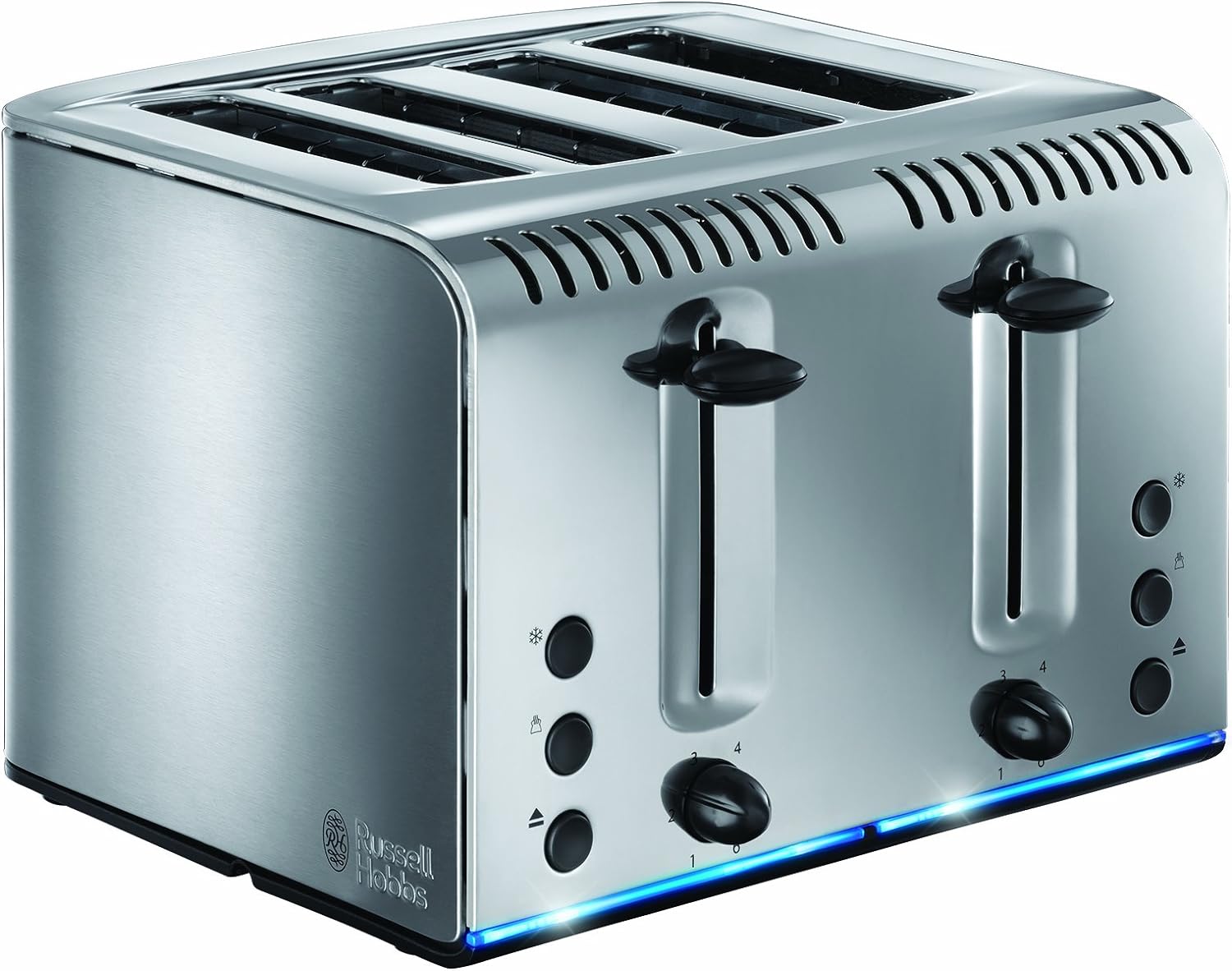 Russell Hobbs 4 Slice Buckingham Toaster with Fast toast technology - (Blue light strip indicates toasting, Independent & Extra wide slots, 2400W, Polished & Brushed Stainless Steel) 20750 - Amazing Gadgets Outlet