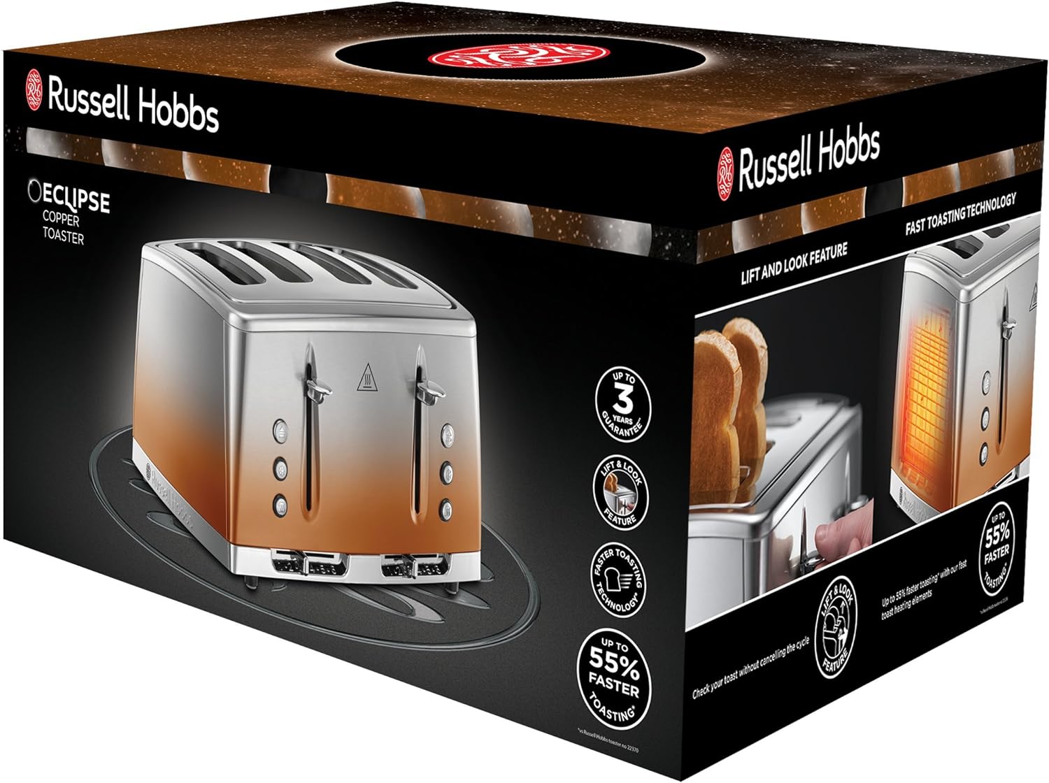 Russell Hobbs 4 Slice Eclipse Toaster with faster toasting technology (Independent slots, Lift & look, 6 Browning levels, Frozen/Cancel/Reheat with indicator lights, 850W, Copper Sunset) 25143 - Amazing Gadgets Outlet