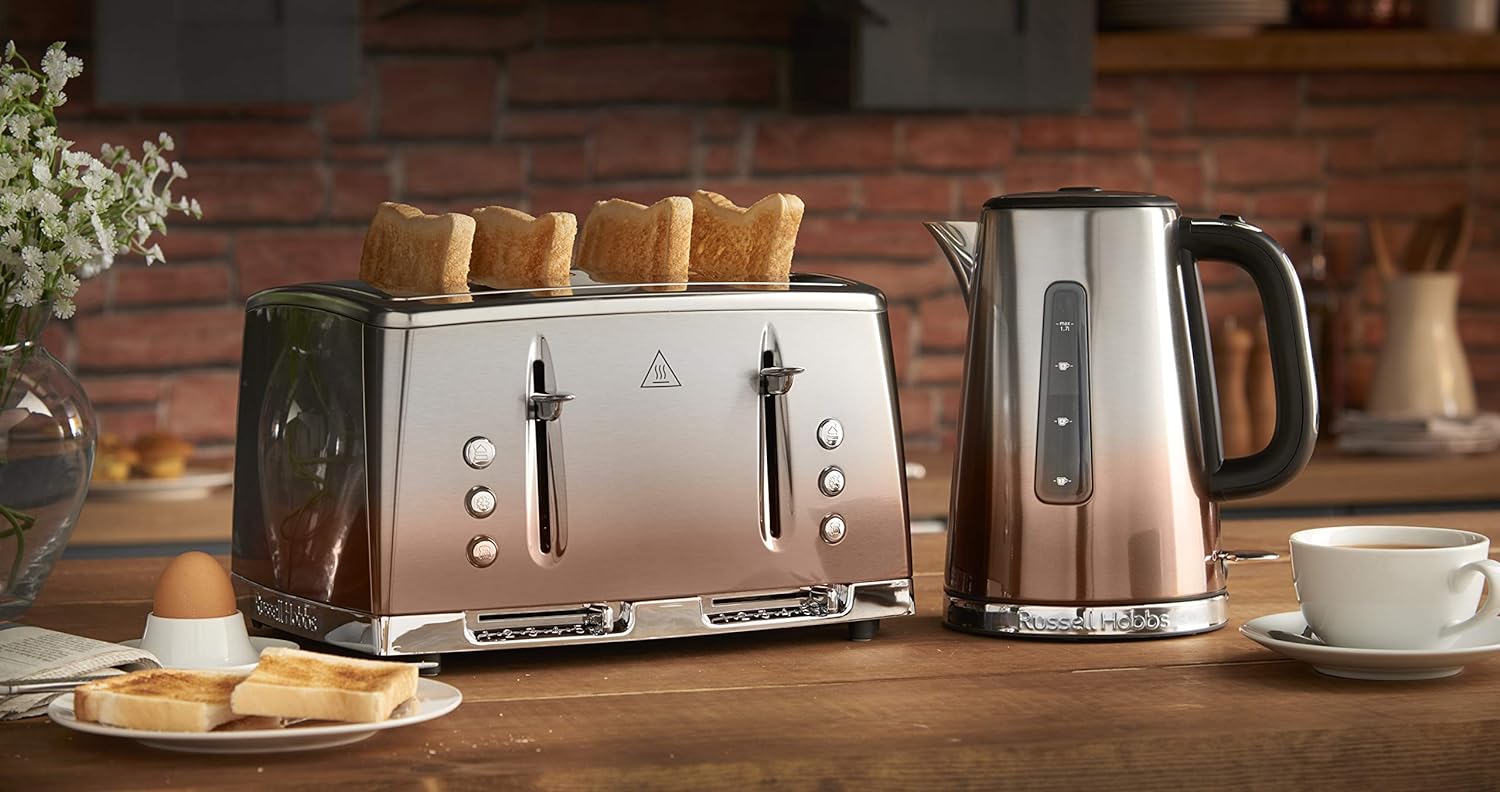 Russell Hobbs 4 Slice Eclipse Toaster with faster toasting technology (Independent slots, Lift & look, 6 Browning levels, Frozen/Cancel/Reheat with indicator lights, 850W, Copper Sunset) 25143 - Amazing Gadgets Outlet