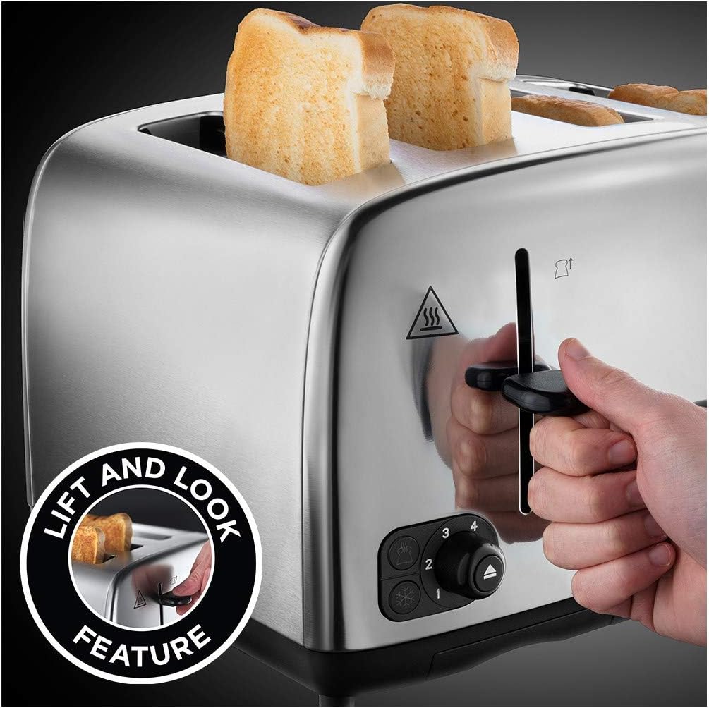 Russell Hobbs 4 Slice Toaster with Perfect Toast Technology for improved evenness (Wide slots, Lift & look feature, 6 Browning levels, Frozen & Cancel function, 1700W, Brushed & Stainless Steel) 24090 - Amazing Gadgets Outlet