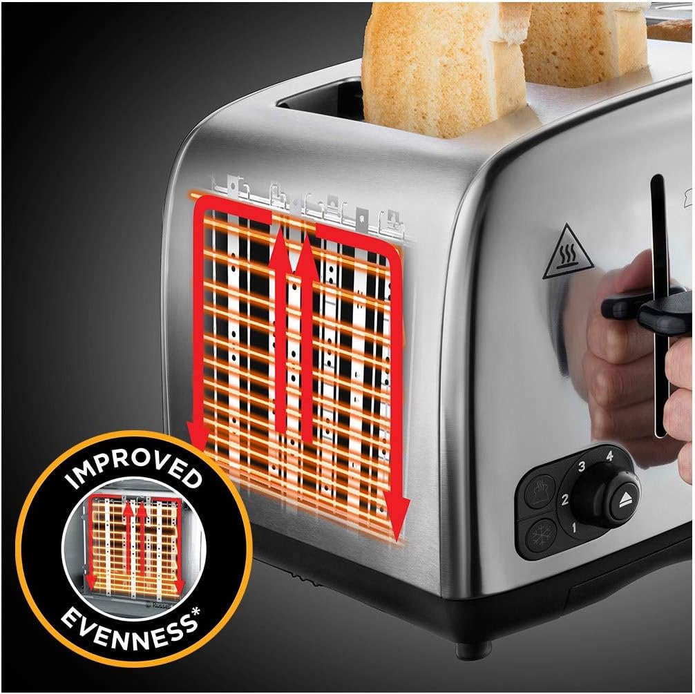 Russell Hobbs 4 Slice Toaster with Perfect Toast Technology for improved evenness (Wide slots, Lift & look feature, 6 Browning levels, Frozen & Cancel function, 1700W, Brushed & Stainless Steel) 24090 - Amazing Gadgets Outlet