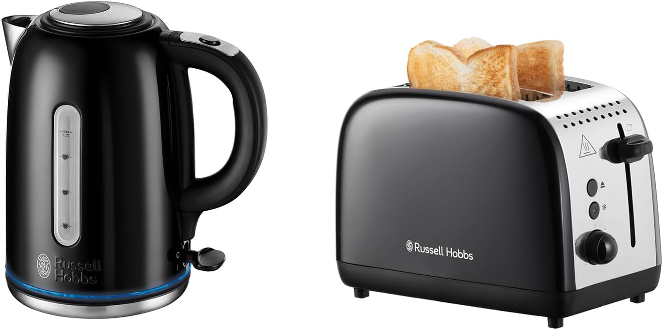 Russell Hobbs Black Stainless Steel Electric 1.7L Cordless Kettle (Quiet & Fast Boil 3KW, Removable washable anti - scale filter, Push button lid, Perfect pour spout) 20462 - Amazing Gadgets Outlet