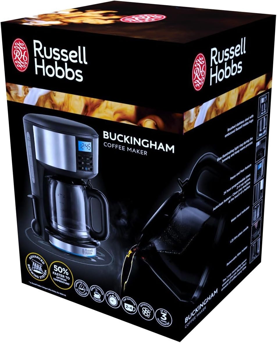 Russell Hobbs Buckingham Filter Coffee Machine, 1.25L Carafe/10 cups, 1 - 4 Cup brewing option, Fast brew, 24hr timer, 40min keep warm, Pause & Pour, Washable filter, Auto clean, 1000W, 20680 - Amazing Gadgets Outlet