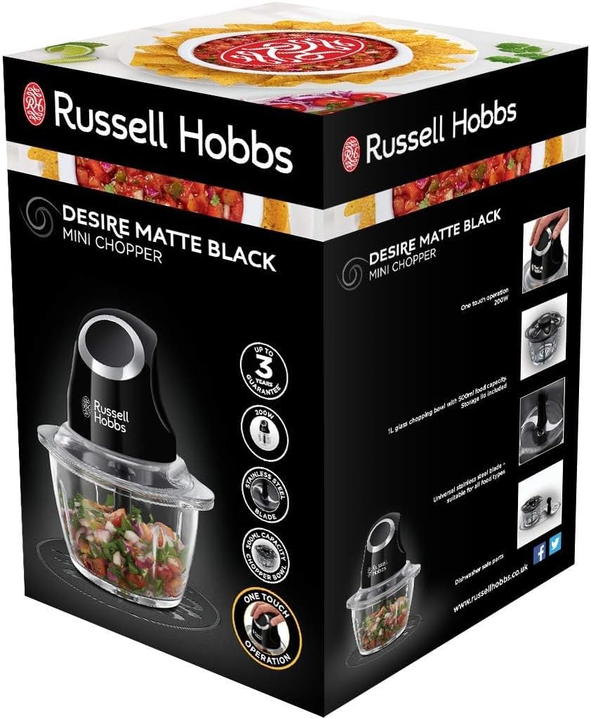 Russell Hobbs Desire Electric Fruit & Vegetable Mini Chopper, 1L glass bowl with 500ml food capacity & storage lid, Dishwasher safe parts, Stainless Steel blades, One touch operation, 200W, 24662 - Amazing Gadgets Outlet