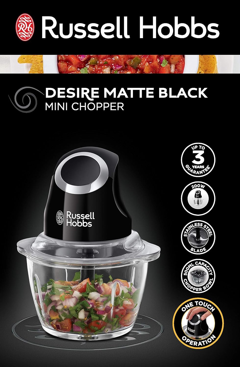 Russell Hobbs Desire Electric Fruit & Vegetable Mini Chopper, 1L glass bowl with 500ml food capacity & storage lid, Dishwasher safe parts, Stainless Steel blades, One touch operation, 200W, 24662 - Amazing Gadgets Outlet