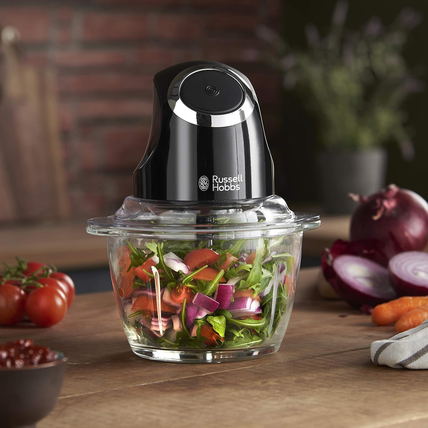 Russell Hobbs Desire Electric Fruit & Vegetable Mini Chopper, 1L glass bowl with 500ml food capacity & storage lid, Dishwasher safe parts, Stainless Steel blades, One touch operation, 200W, 24662 - Amazing Gadgets Outlet