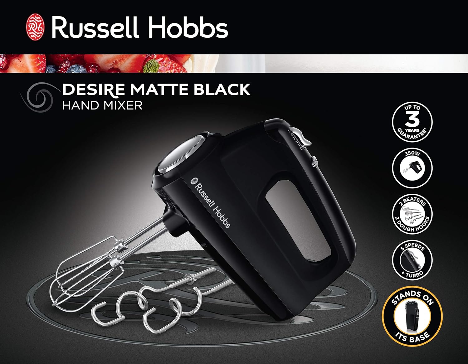 Russell Hobbs Desire Electric Hand Mixer with 5 speeds & turbo setting, 2 chrome plated beaters & 2 chrome plated dough hooks inc, all dishwasher safe, Easy release button, 350W, 24672 - Amazing Gadgets Outlet