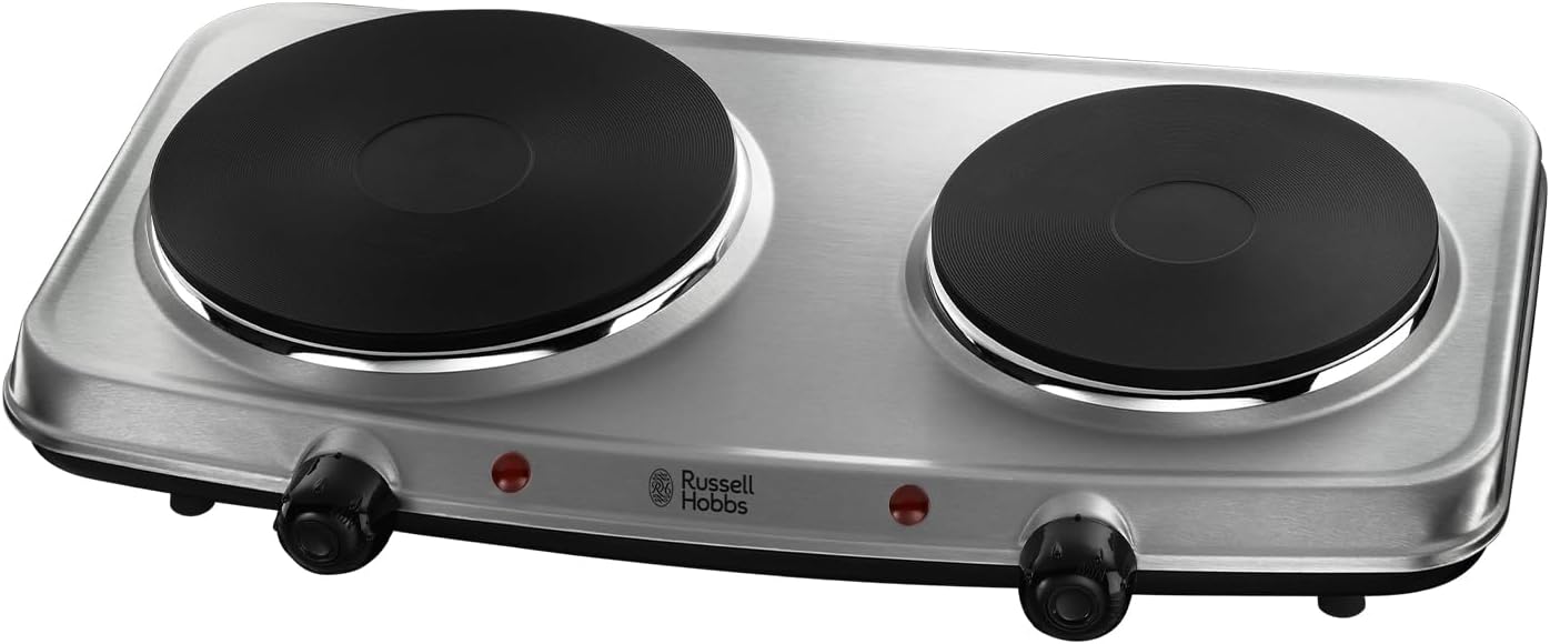 Russell Hobbs Double Hot Plate Electric Stainless Steel Hob, 2 Cast iron plates, Large 1500W, Small 750W, Portable, Table top, Variable & Individual temp control, Easy to clean, 15199 - Amazing Gadgets Outlet