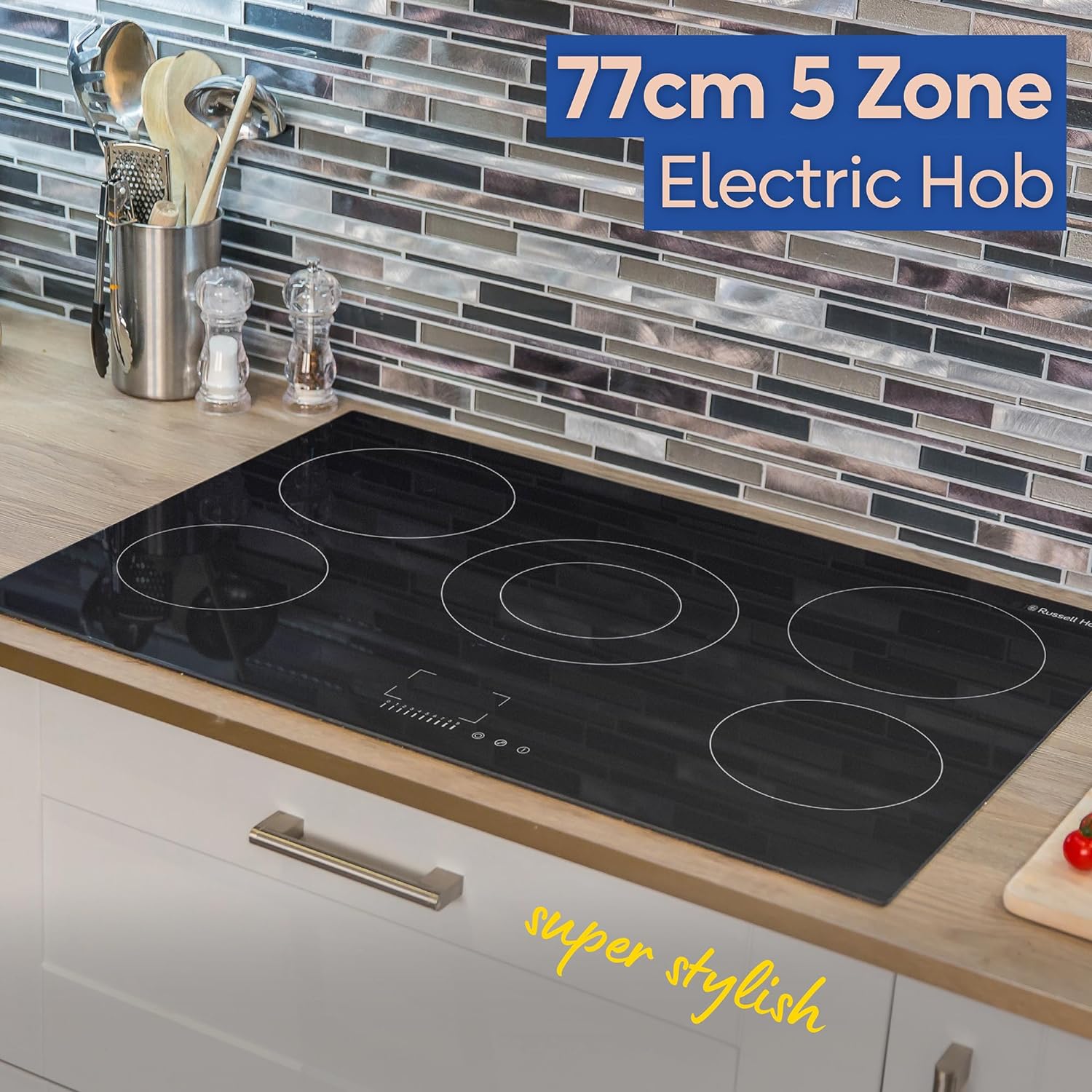 Russell Hobbs Electric Hob 77 cm Ceramic Cooktop with 5 Cooking Zones, Touch Contrtol & Easy Clean, Safety Cut Off, Integrated Timer & 2 Rapid Zones RH77EH6011, 2 Year Guarantee,Black,Medium - Amazing Gadgets Outlet