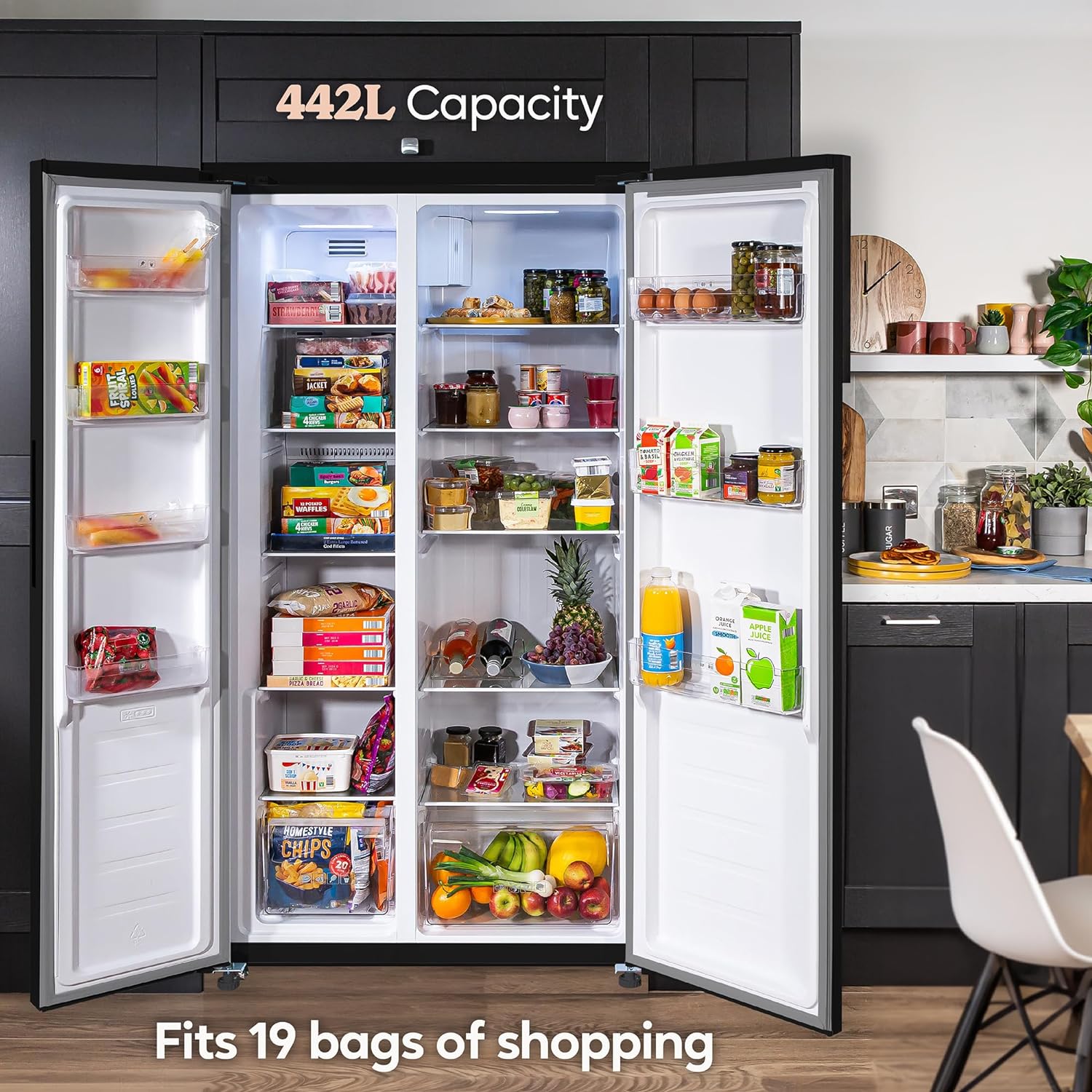 Russell Hobbs Freestanding American Fridge Freezer 442 Litre 70/30 Black Super Freeze Function 177cm Tall & 90cm Wide with 5 Glass Shelves, 2 Year Guarantee, RH90AFF201B - Amazing Gadgets Outlet