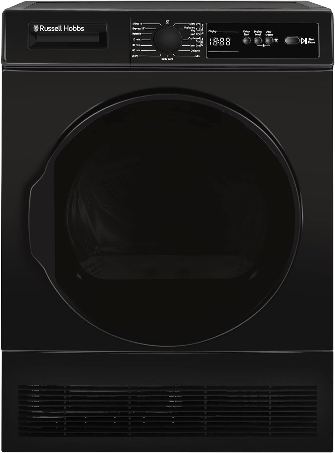 Russell Hobbs Freestanding Condenser Dryer Electric Tumble Dryer 15 Programmes 8kg Capacity 3 Heat Settings LED Display DelayStart Anti - Crease Child Lock Black Clothes Dryer RH8CTD111B - Amazing Gadgets Outlet