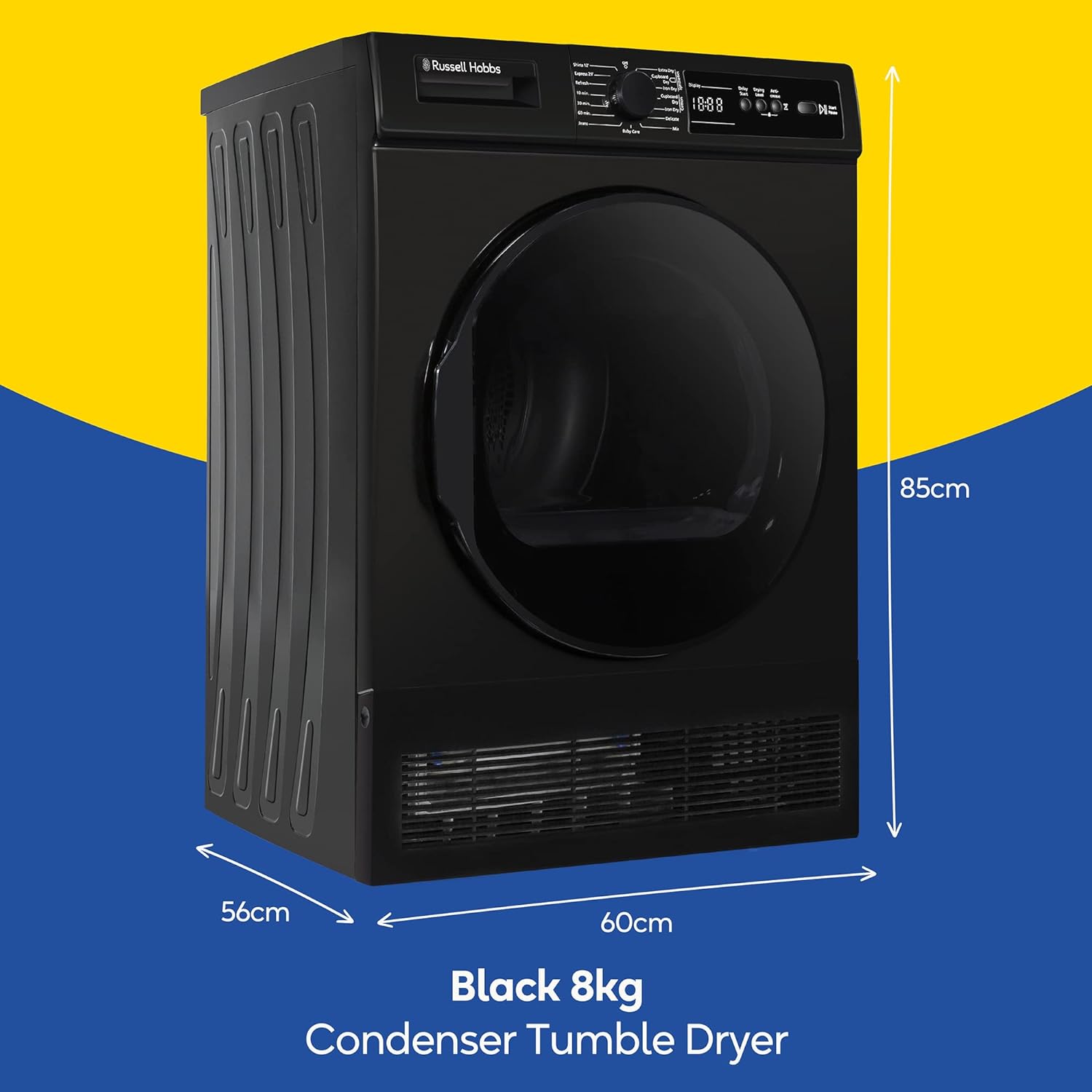 Russell Hobbs Freestanding Condenser Dryer Electric Tumble Dryer 15 Programmes 8kg Capacity 3 Heat Settings LED Display DelayStart Anti - Crease Child Lock Black Clothes Dryer RH8CTD111B - Amazing Gadgets Outlet