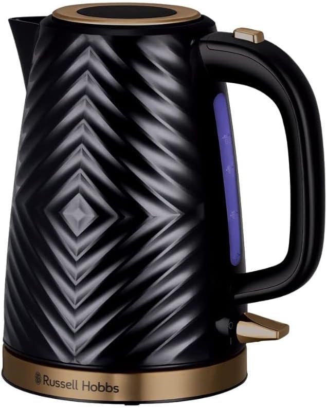 Russell Hobbs Groove Electric 1.7L Cordless Kettle (Fast Boil 3KW, Black textured plastic with brushed gold accents, Removable washable anti - scale filter, Push to open lid, Perfect pour spout) 26380 - Amazing Gadgets Outlet