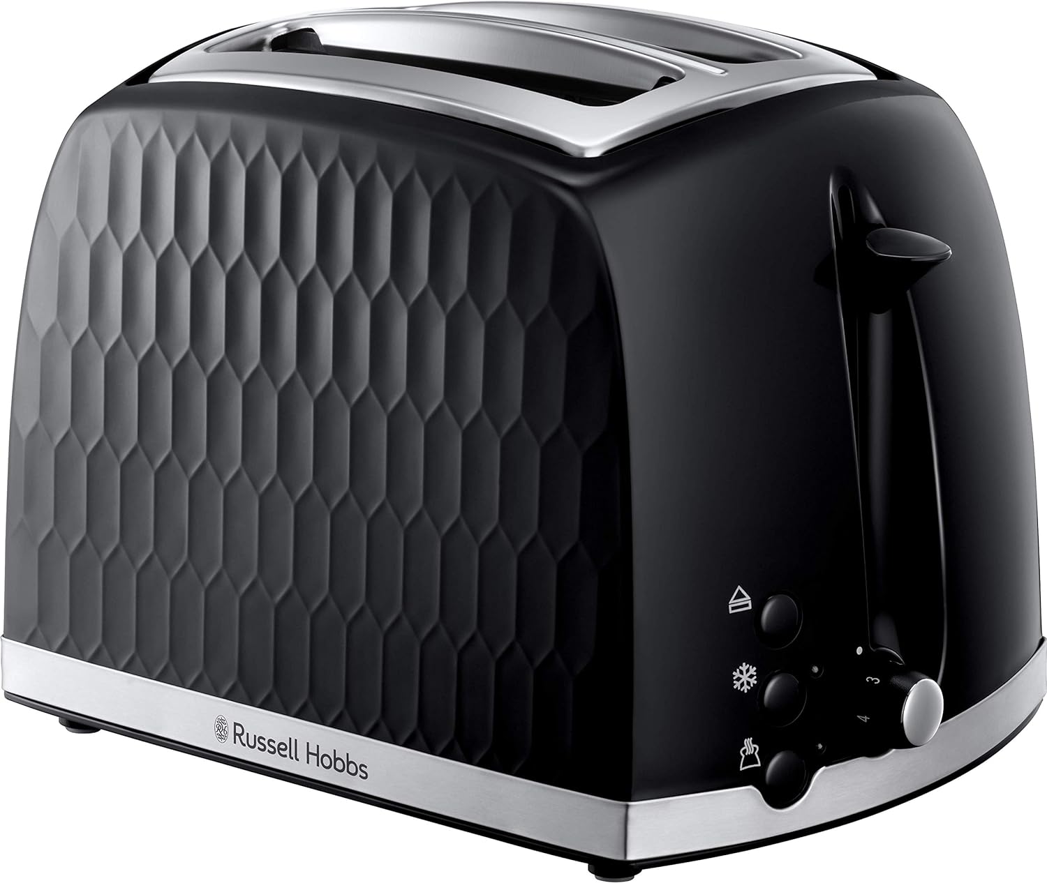 Russell Hobbs Honeycomb 2 Slice Toaster (Extra wide slots, High lift feature, 6 Browning levels, Frozen/Cancel/Reheat function, Removable crumb tray, 850W, Black, Textured high gloss) 26061 - Amazing Gadgets Outlet