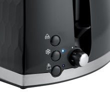 Russell Hobbs Honeycomb 2 Slice Toaster (Extra wide slots, High lift feature, 6 Browning levels, Frozen/Cancel/Reheat function, Removable crumb tray, 850W, Black, Textured high gloss) 26061 - Amazing Gadgets Outlet