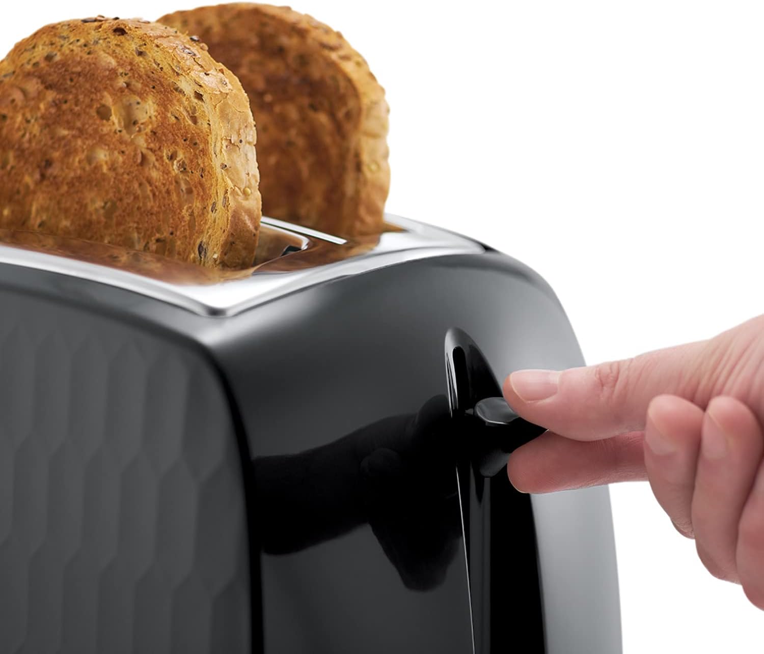 Russell Hobbs Honeycomb 2 Slice Toaster (Extra wide slots, High lift feature, 6 Browning levels, Frozen/Cancel/Reheat function, Removable crumb tray, 850W, Black, Textured high gloss) 26061 - Amazing Gadgets Outlet