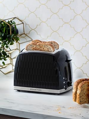 Russell Hobbs Honeycomb 2 Slice Toaster (Extra wide slots, High lift feature, 6 Browning levels, Frozen/Cancel/Reheat function, Removable crumb tray, 850W, Black, Textured high gloss) 26061 - Amazing Gadgets Outlet