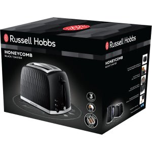 Russell Hobbs Honeycomb 2 Slice Toaster (Extra wide slots, High lift feature, 6 Browning levels, Frozen/Cancel/Reheat function, Removable crumb tray, 850W, Black, Textured high gloss) 26061 - Amazing Gadgets Outlet