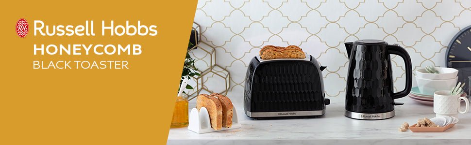 Russell Hobbs Honeycomb 2 Slice Toaster (Extra wide slots, High lift feature, 6 Browning levels, Frozen/Cancel/Reheat function, Removable crumb tray, 850W, Black, Textured high gloss) 26061 - Amazing Gadgets Outlet