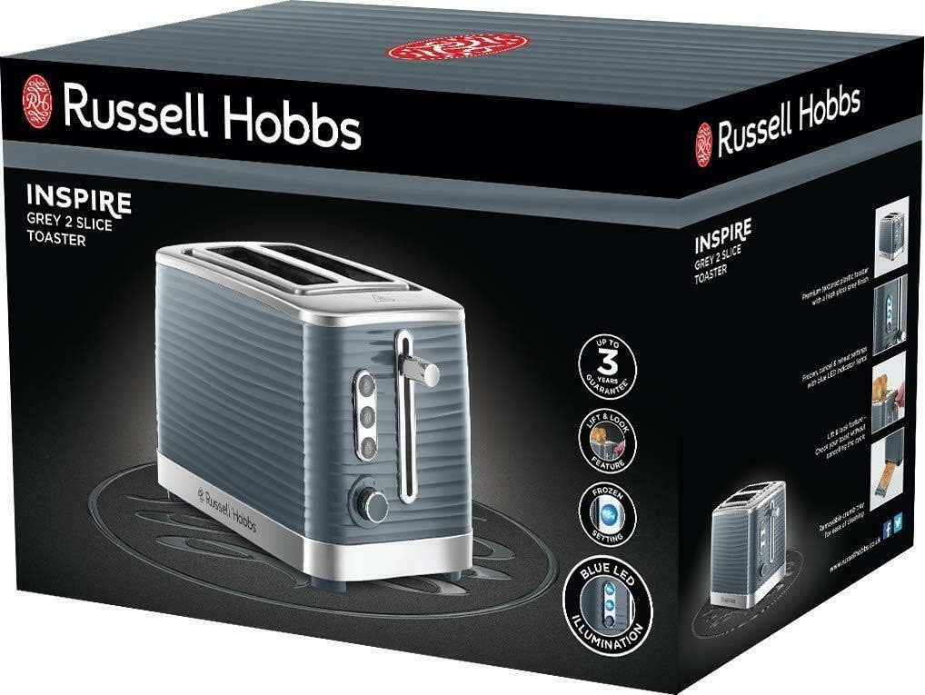 Russell Hobbs Inspire 2 Slice Toaster (Extra wide slots, High lift feature, 6 Browning levels, Frozen/Cancel/Reheat function with Blue LED illumination, 1050W, Grey textured high gloss) 24373 - Amazing Gadgets Outlet