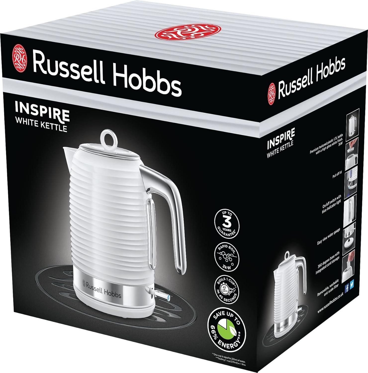 Russell Hobbs Inspire Electric 1.7L Cordless Kettle (Fast Boil 3KW, White premium textured plastic, high gloss finish, Removable washable anti - scale filter, Pull off lid, Perfect pour spout) 24360 - Amazing Gadgets Outlet