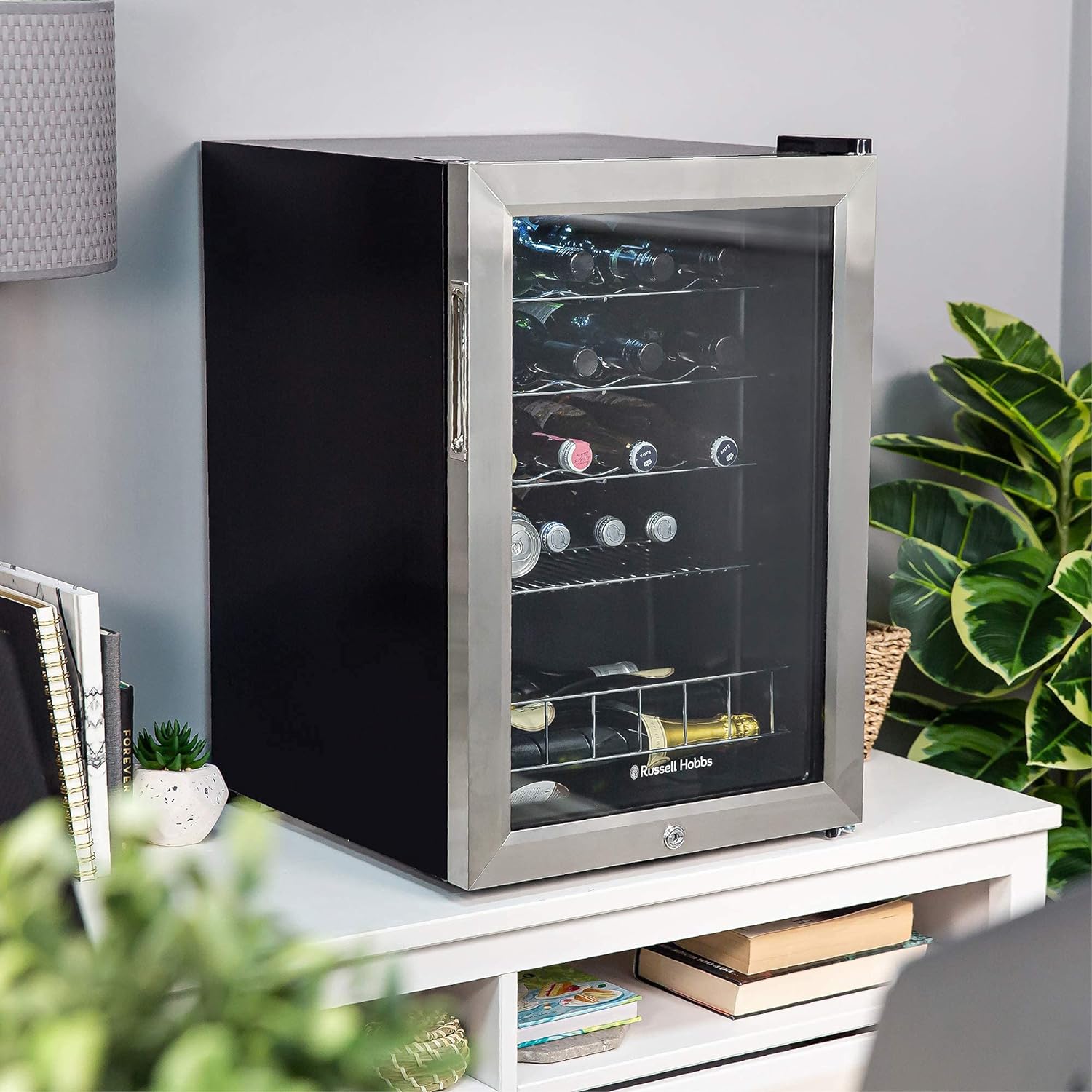 Russell Hobbs Mini Fridge 20 Bottle/62L Lockable Freestanding Stainless Steel Table Top Mini Beer & Wine Fridge, LED Light & Lock and Key with Glass Door RHGWC4SS - LCK - Amazing Gadgets Outlet