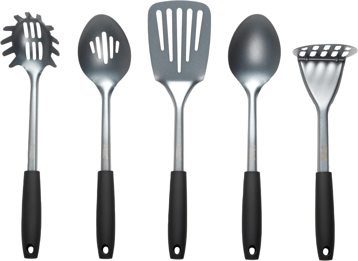 Russell Hobbs RH01722EU7 Pearlised 5 Piece Kitchen Utensil Set, Tools Including Slotted Spoon, Solid Spoon, Slotted Spatula, Spaghetti Spoon and Masher, Soft - Touch Handles & Hanging Hooks, Grey - Amazing Gadgets Outlet