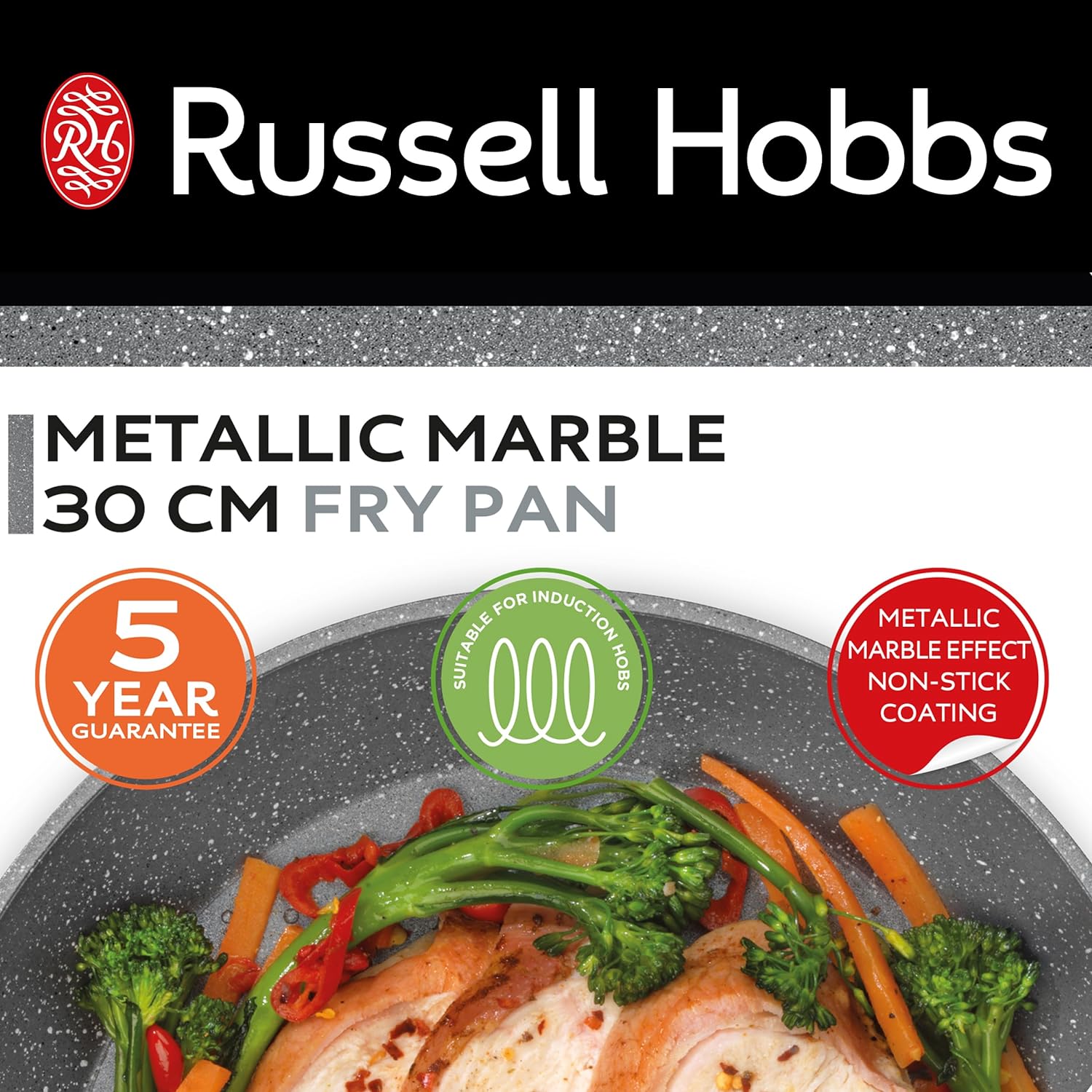 Russell Hobbs RH028011EU7 Metallic Marble 30 cm Frying Pan - Non - Stick Egg/Omelette Pan, Induction Suitable Cooking Pan, Little to No Oil, Healthy Cooking, Forged Aluminium Cookware, Soft - Grip Handle - Amazing Gadgets Outlet