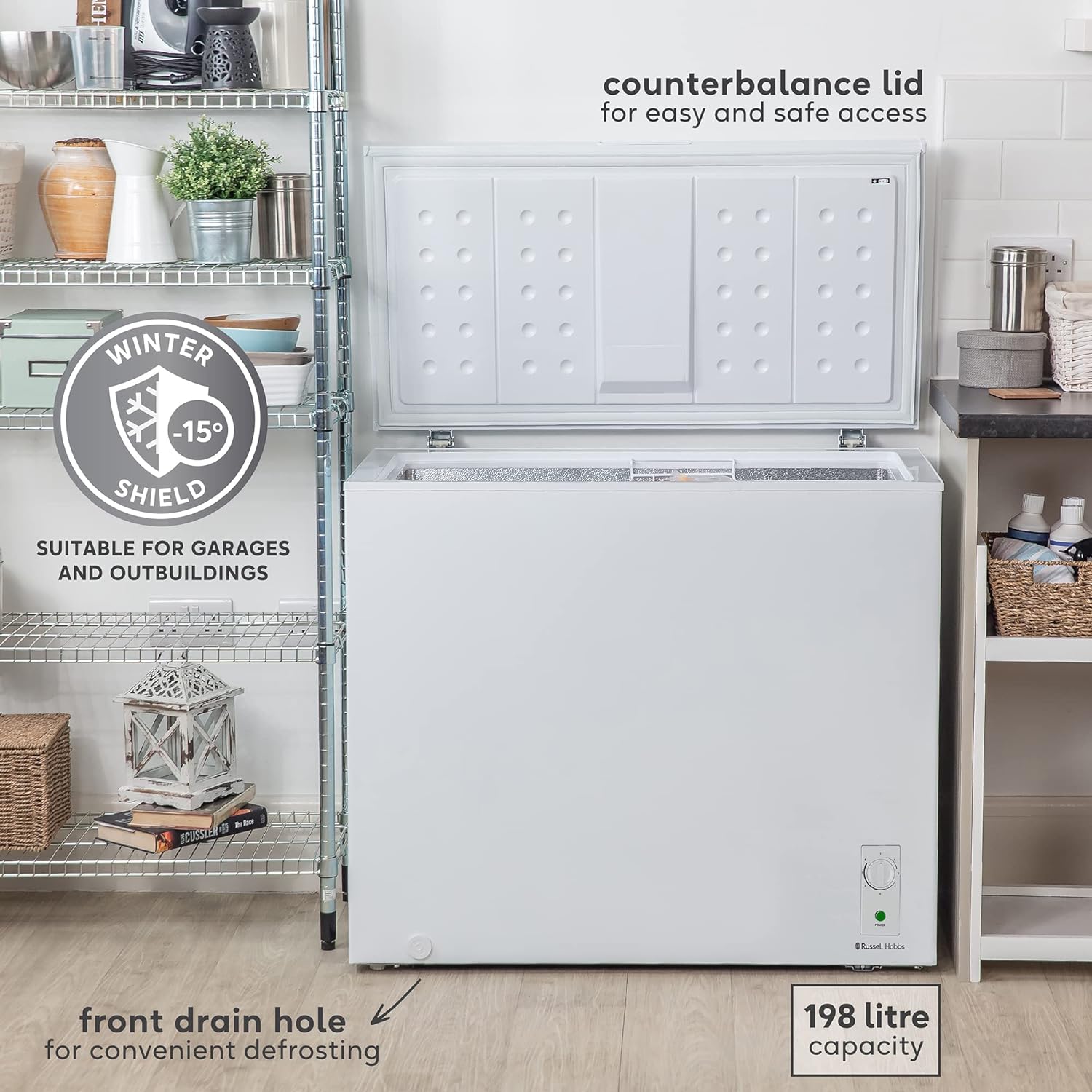 Russell Hobbs RH198CF3003 198L Freestanding White Chest Freezer with 5 Year Warranty, Adjustable Thermostat, 4 Star Freezer Rating & Suitable for Outbuildings & Garages - Amazing Gadgets Outlet