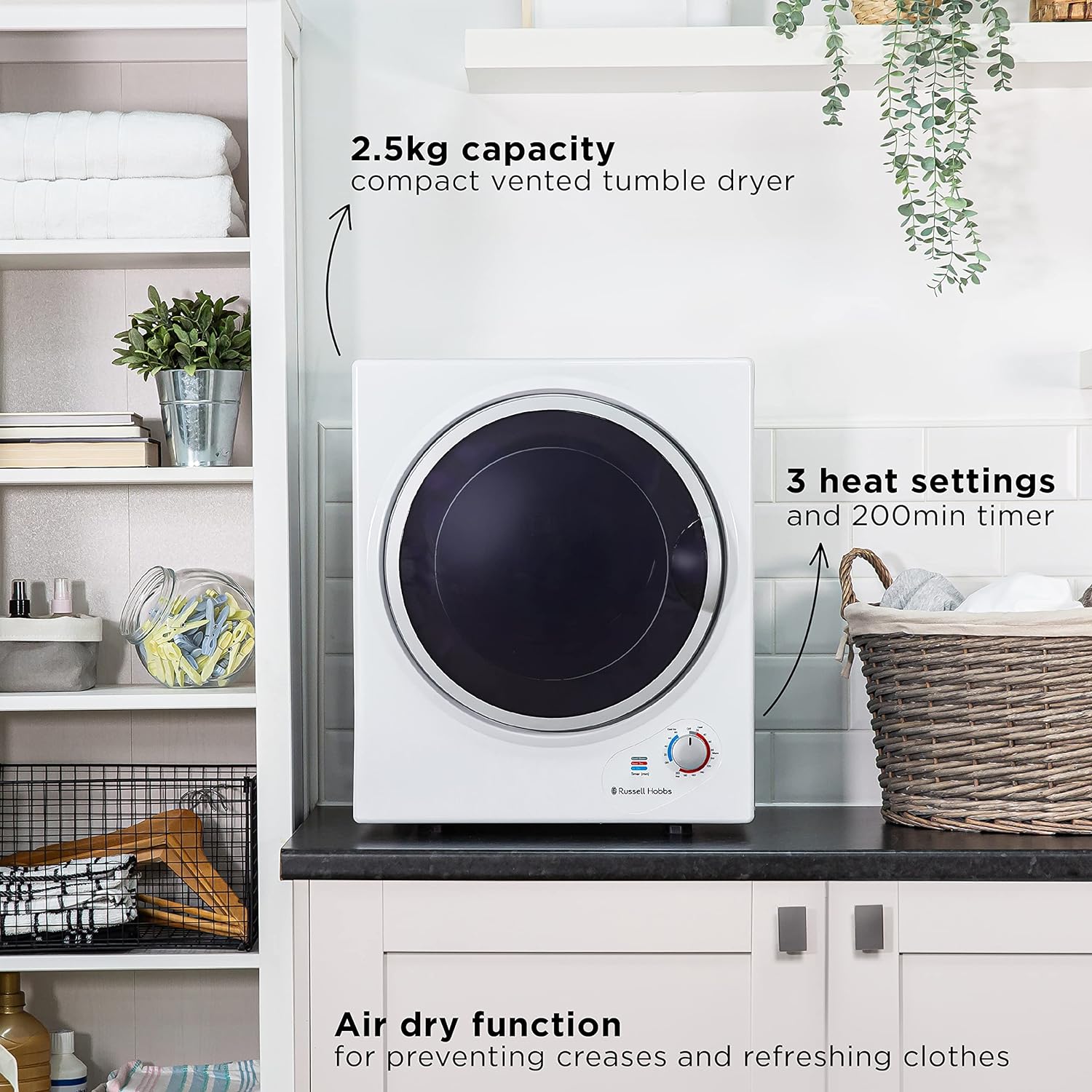 Russell Hobbs RH3VTD800 White 2.5kg Compact Mini Vented Tumble Dryer, Portable, Freestanding Table top Dryer with 3 Heat Settings small - Amazing Gadgets Outlet