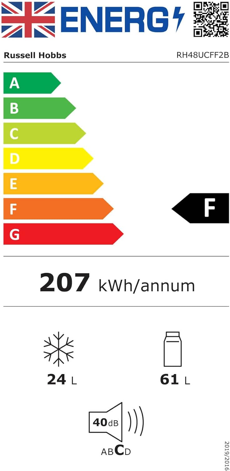 Russell Hobbs RH48UCFF2B 48cm Wide Undercounter Fridge Freezer, LED light, 85 litres, Black, Noise level: decibels 4 - Amazing Gadgets Outlet