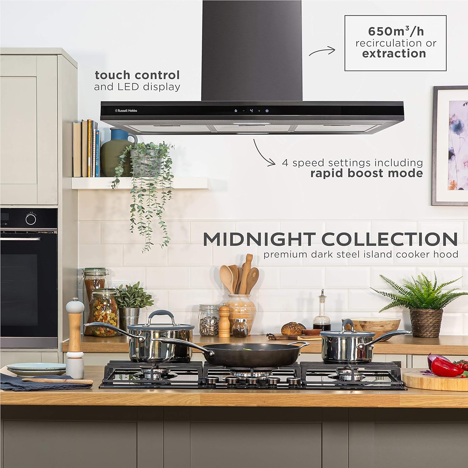 Russell Hobbs RHICH904DB Midnight Collection 90cm Island Cooker Hood, Dark Steel - Amazing Gadgets Outlet