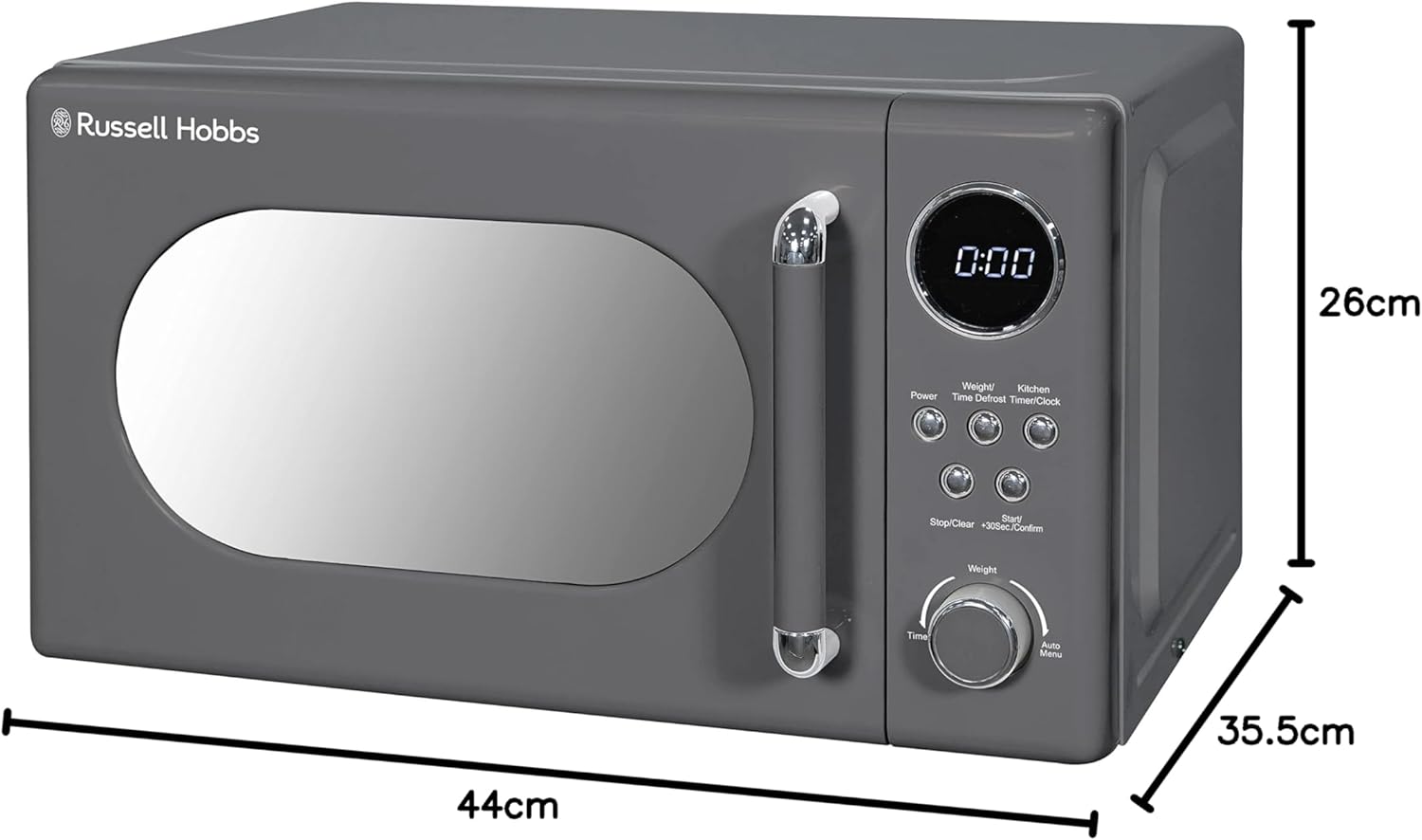 Russell Hobbs RHM2044G Retro 20 Litre Grey Digital Microwave, 800W, Mirror Finish, 8 Auto Cook Settings, 5 Power Levels - Amazing Gadgets Outlet