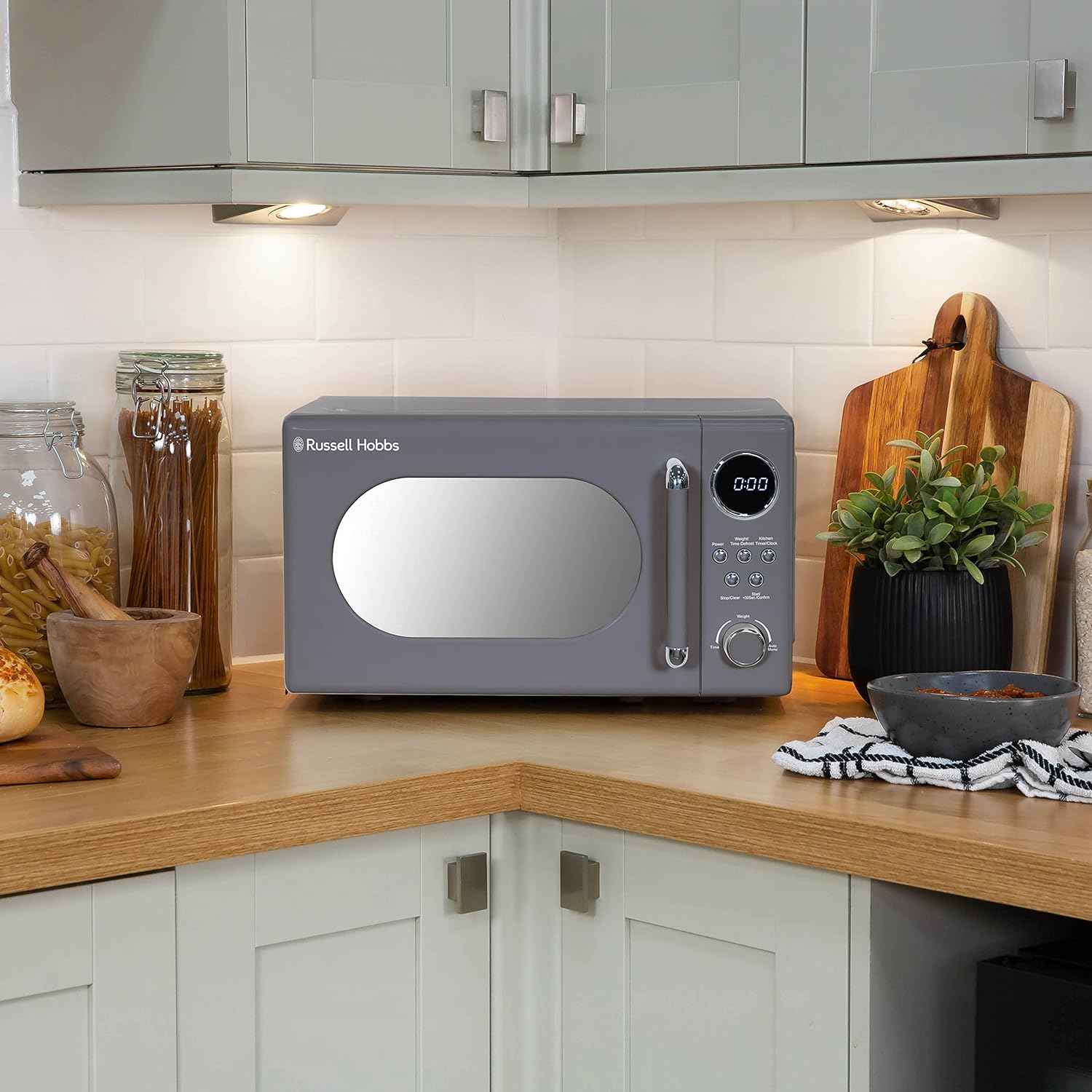 Russell Hobbs RHM2044G Retro 20 Litre Grey Digital Microwave, 800W, Mirror Finish, 8 Auto Cook Settings, 5 Power Levels - Amazing Gadgets Outlet