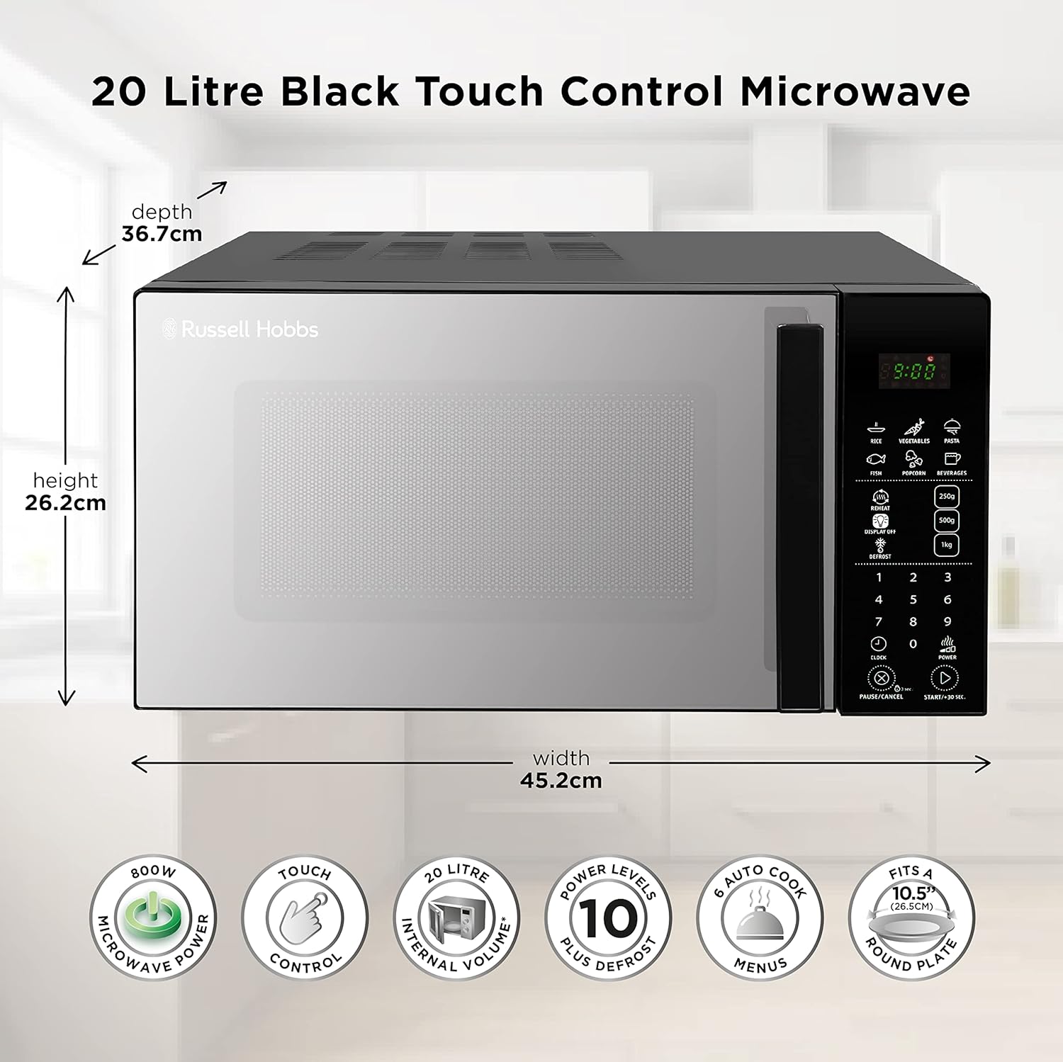 Russell Hobbs RHMT2004B 20L 800W Touch Control Digital Solo Microwave in Black with 5 Power Levels, 8 Auto Cook Menus, Defrost Control, Clock & Timer - Amazing Gadgets Outlet