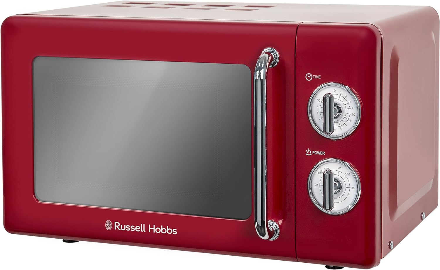 Russell Hobbs RHRETMM705R - N 17 L 700 W Red Compact Retro Solo Manual Microwave with 5 Power Levels, Timer, Defrost Setting, Easy Clean - Amazing Gadgets Outlet