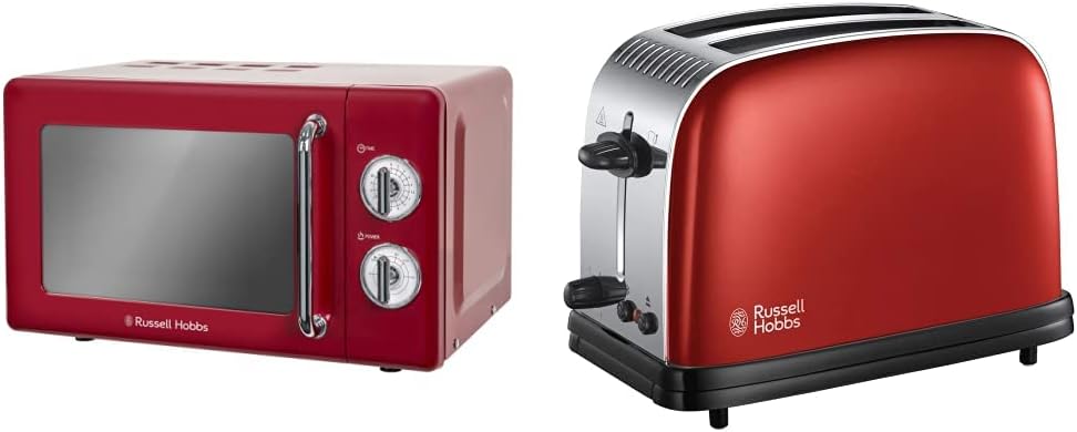 Russell Hobbs RHRETMM705R - N 17 L 700 W Red Compact Retro Solo Manual Microwave with 5 Power Levels, Timer, Defrost Setting, Easy Clean - Amazing Gadgets Outlet